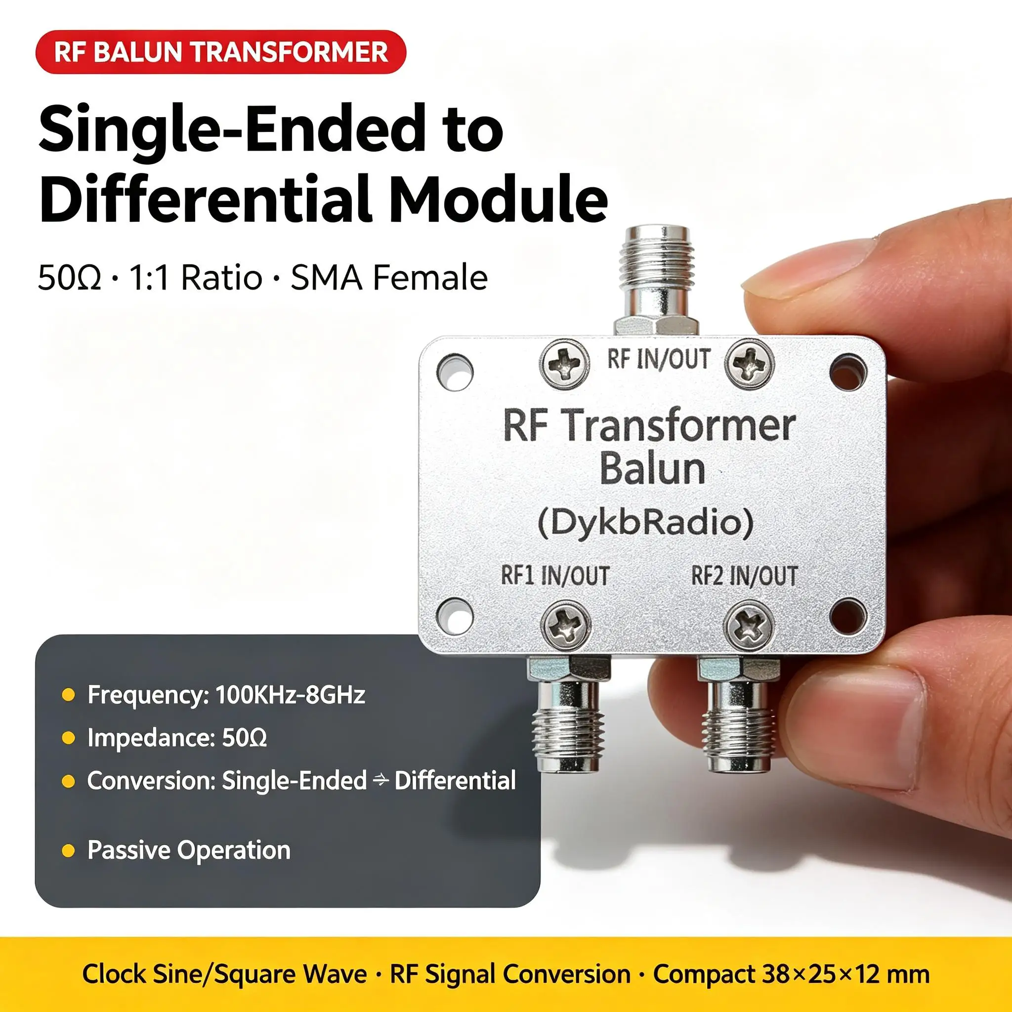 DYKB RF Balun Transformer Module Single-Ended Differential 50Ohm SMA 100KHz-500MHz 10MHz-8GHz Clock Sine Square Wave Passive 1:1