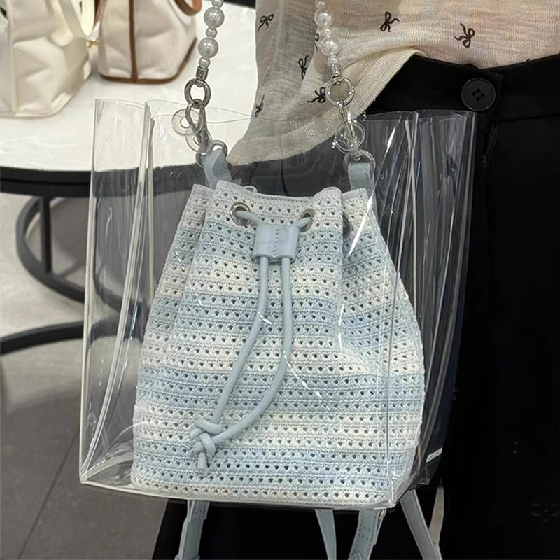 

French Elegant Pearl Bracelet Transparent Tote Bag Drawstring Handknitted Handbag Casual Fashion 2in1 Backpack New Shoulder Bag