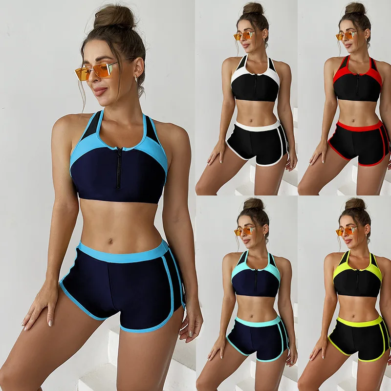 

2024 Two Piece Swimsuit Women Zipper Tankini Set High Waist Shorts Swimwear Female Bathing Swimming Suit Sports Beachwear Summer