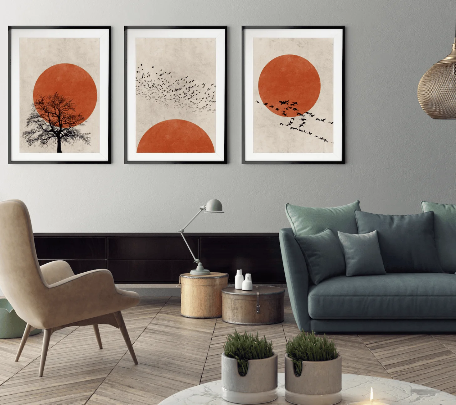 Boho Sunset Tree Bird 3 Panels Wall Art Canvas Prints, Terracotta Nature Posters, Neutral Decor for Living Room Bedroom Decor