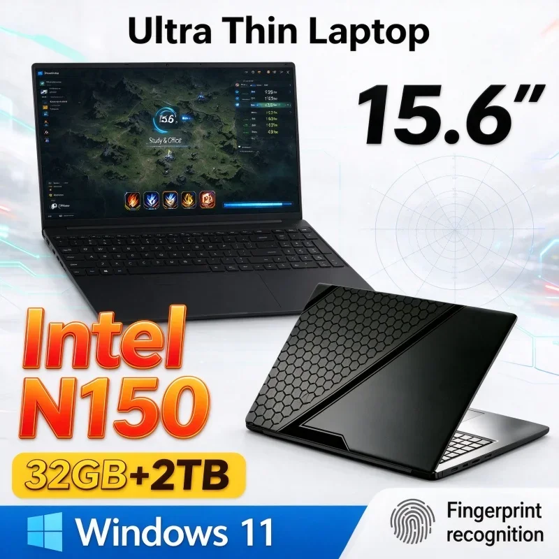 15.6'' Inch Ultra Slim Portable Laptop Intel N150 Windows 11 32GB RAM 1TB/2TB SSD Notebook PC For Home Study Office Daily Use