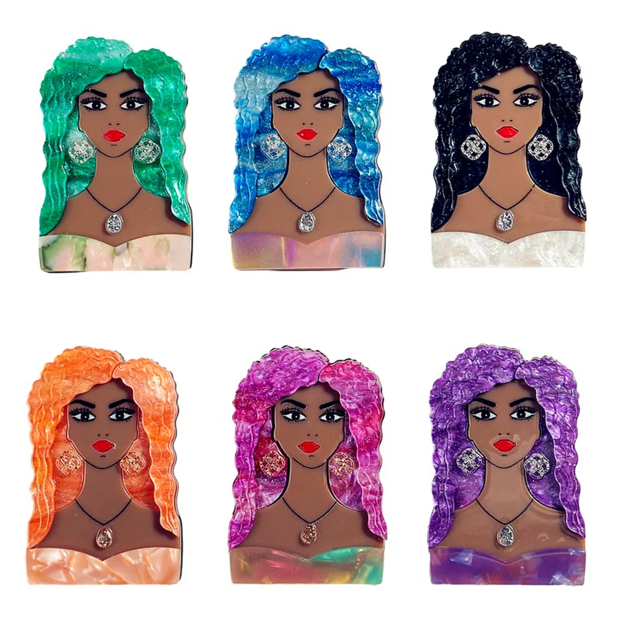 New Acrylic Long Hair Black Lady Brooches Pins for Women Colorful Beauty African Girl Figure Brooch Badges Jewelry Accessories