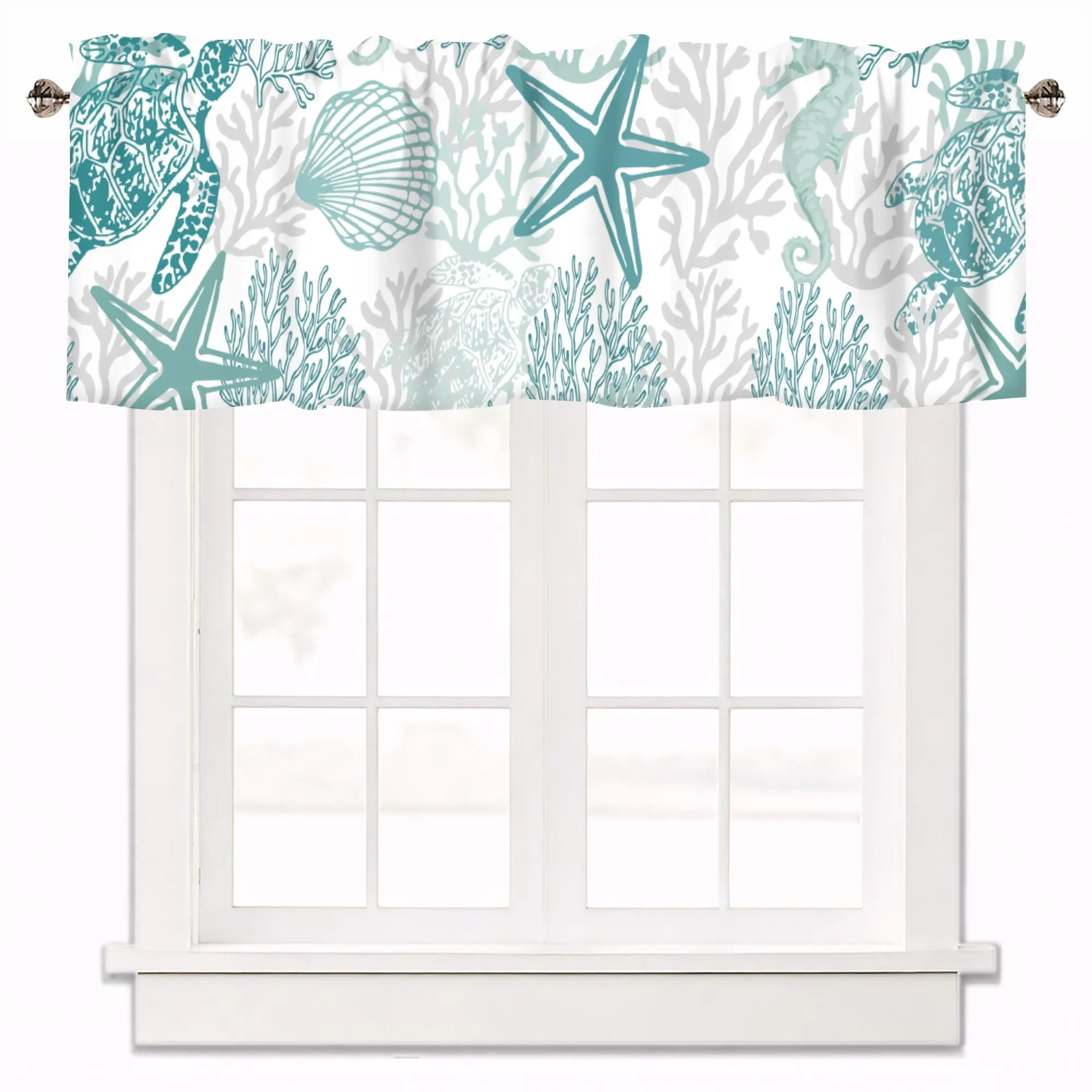 2 Pack Curtain Valances Ocean Coral Short  Small Windows Beach Blue Teal Window Curtain Tiers for Kitchen Bedroom Living Room