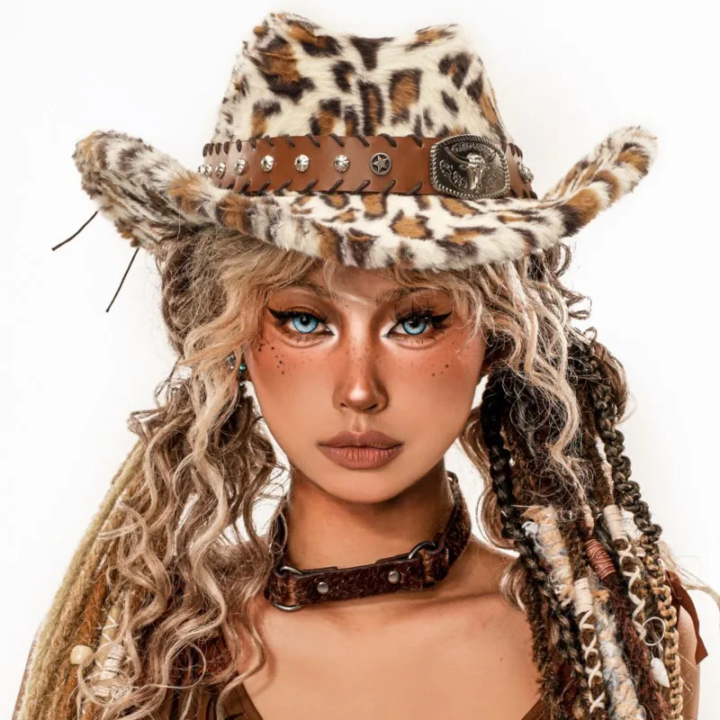 A small fur top hat with plush brim that highlights woman's face