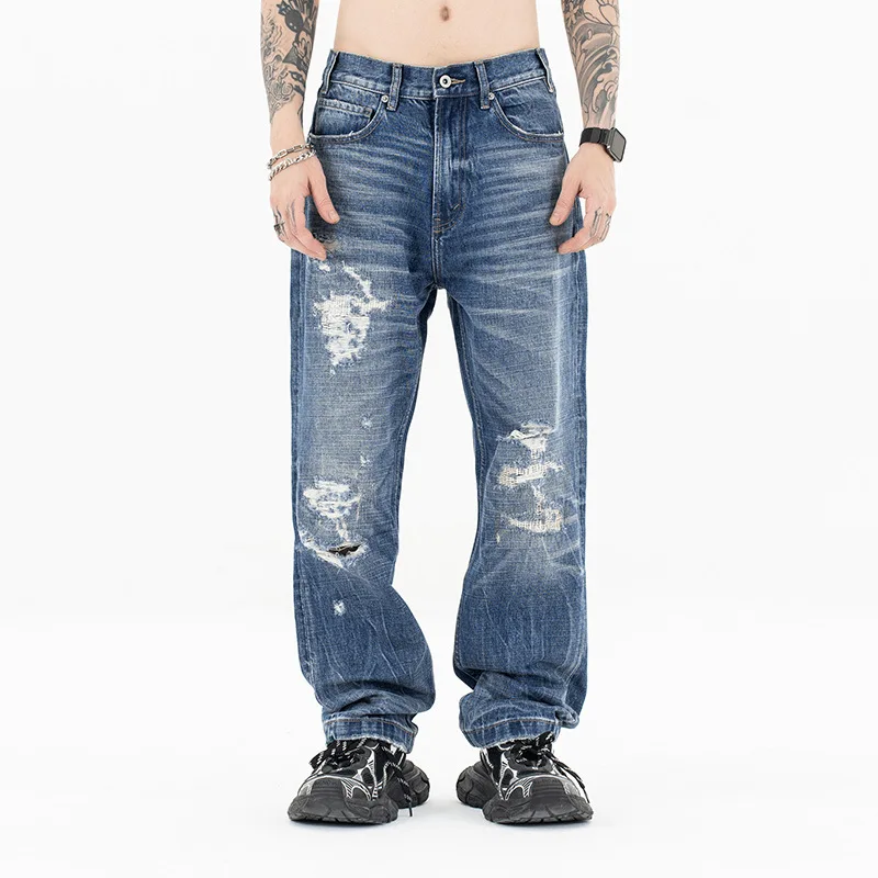 

Waed Ripped Texture Straight Leg Jeans Loose Wide Leg Loose Fit Low Waist Long Pants Cotton Material Men's Casual Jeans