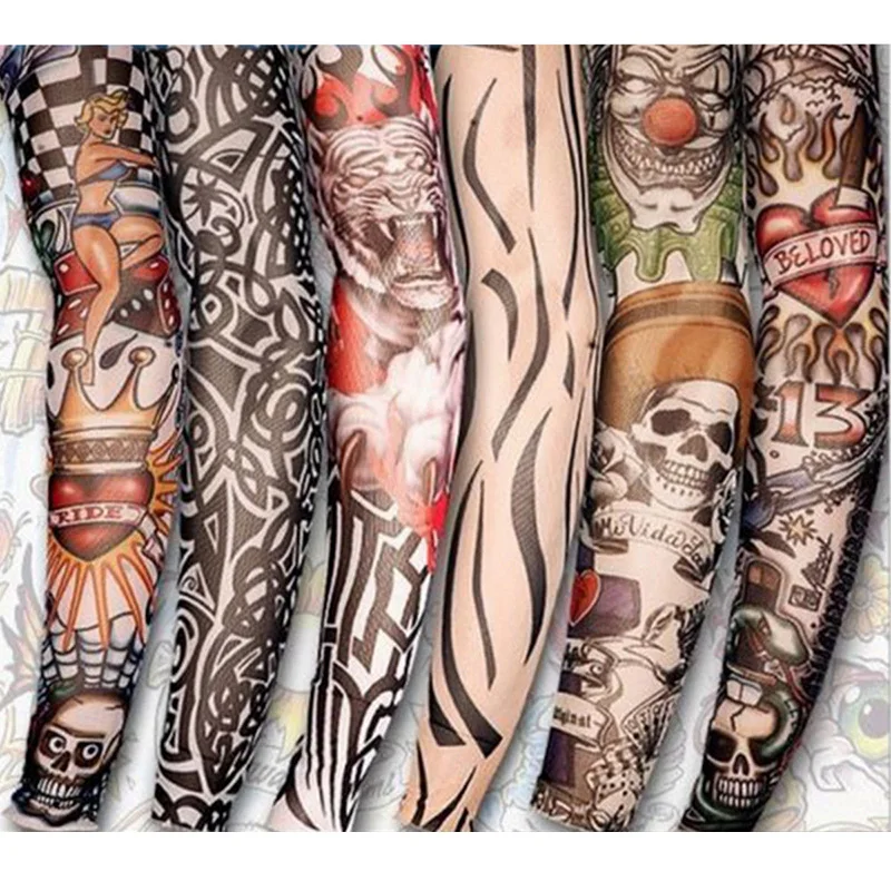 6 pçs conjunto artes falso tatuagem temporária braço protetor solar mangas projetos tigre palhaço coroa coração crânio tribal e etc