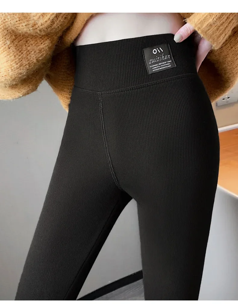 Winter-Leggings, dicke Thermohose, hoch taillierte Leggings, Damen-Leggings mit Gewinde, bequeme Stretch-Leggings, schwarz, dünn – Detail 16