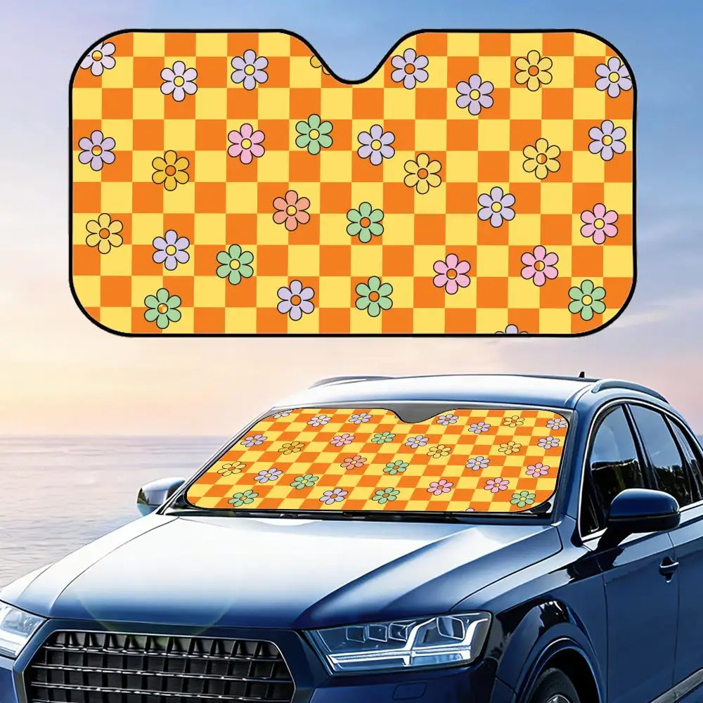 Checkerboard Hippie Sun Visor Foldable Universal Car Windshield Sun Shade UV Protection Heat Insulation Foldable Cover