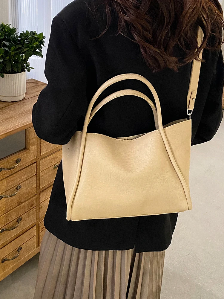 Retro Soft Leather Tote Bag 2024 New Solid Color Simple Commuting Handbags Autumn Winter Women Large Capacity One Shoulder Bags