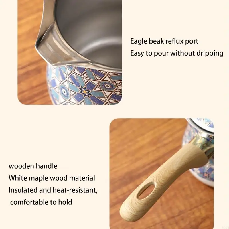 إبريق قهوة تركي فولاذي بمقبض خشبي مقاوم للحرارة لتخمير القهوة وتسخين شوربة زبدة الشوكولاتة والحليب Y5GB
