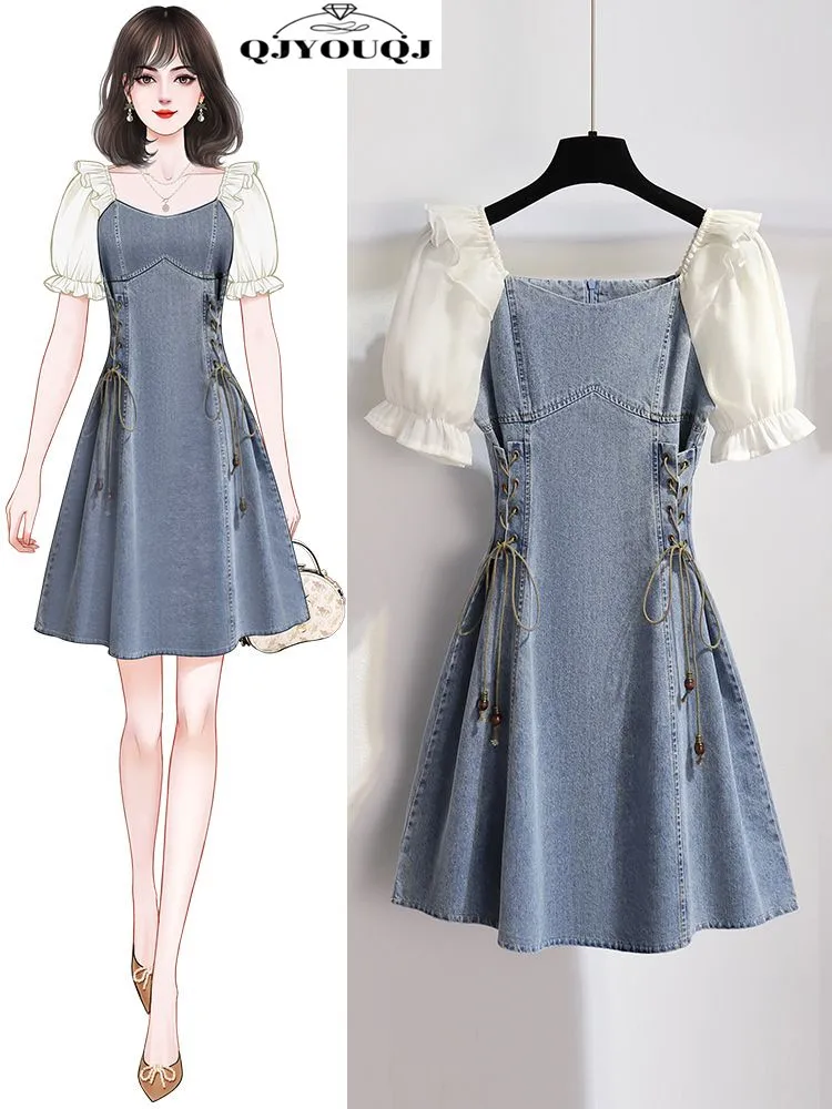 

One Shoulder Bubble Sleeve Denim Patchwork Dress for Women's Summer New Waistband Slimming and Age Reducing A-line Skirt