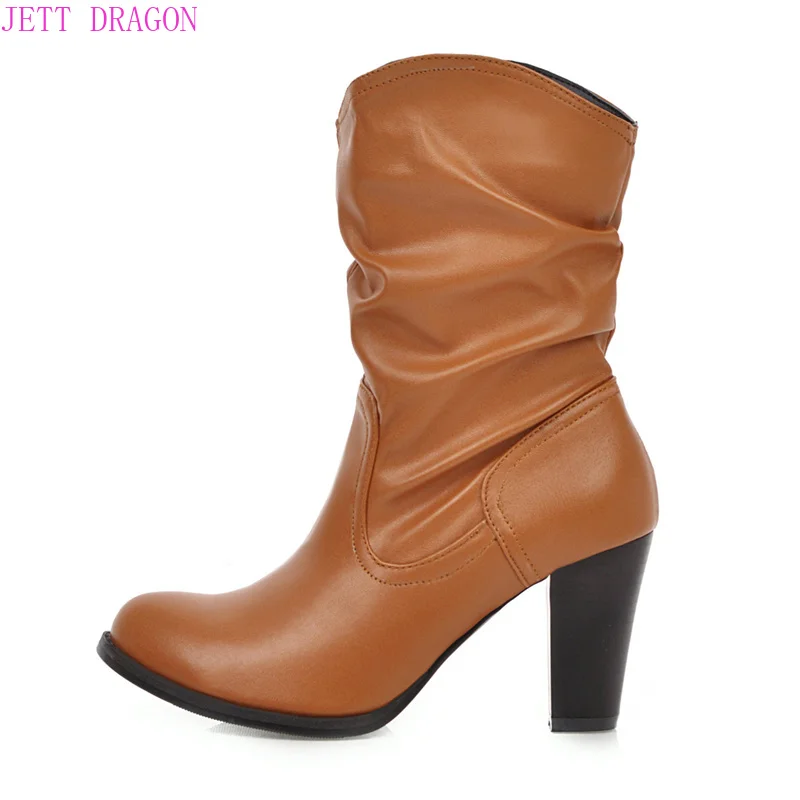 

Плиссированные женские ботинки до середины икры, короткие ботинки на блочном каблуке, повседневная женская осенне-зимняя обувь, коричневый, серый, черный, большой размер 48