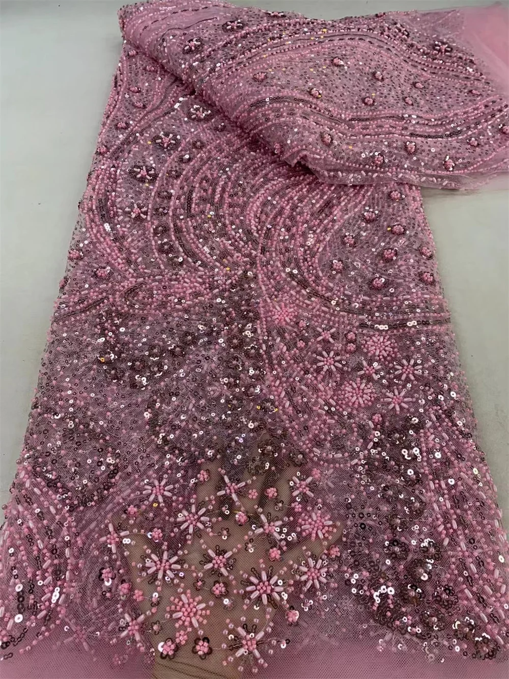 Pink Embroidery African Handmade Beaded Lace Fabric 2024 Groom Nigerian French Sequins Net Lace Fabrics for Evening Dress Q25-1