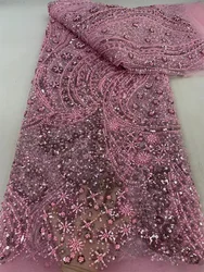 Pink Embroidery African Handmade Beaded Lace Fabric 2024 Groom Nigerian French Sequins Net Lace Fabrics for Evening Dress Q25-1