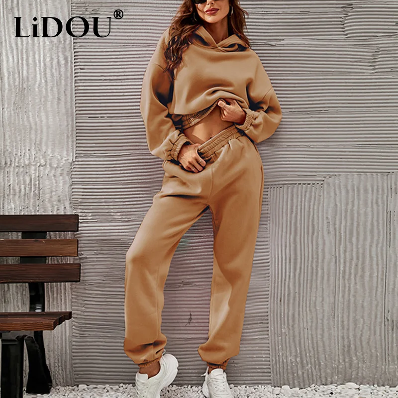 

Autumn Winter Solid Color Loose Casual Hoodies Trousers Set Female Hooded Pullover Top Elastic Waist Pants Suit Women's Clothing