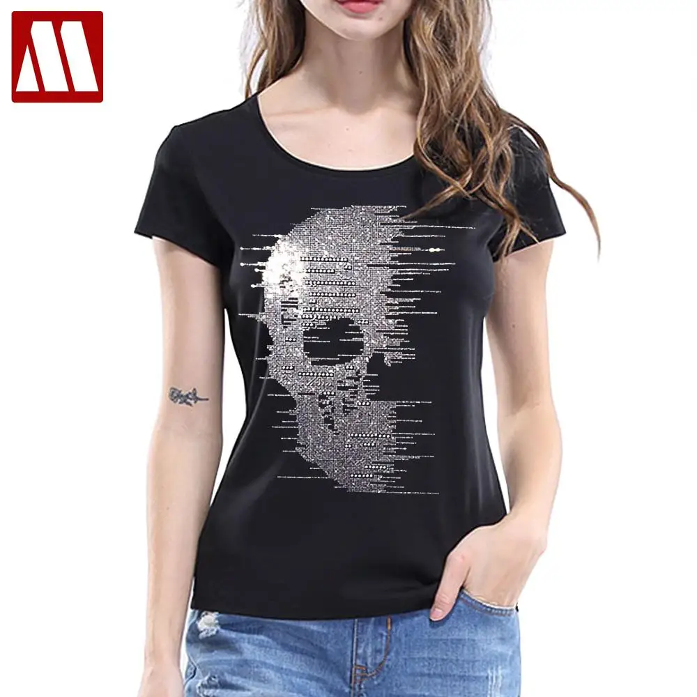 Size 5XL Exquisite Cotton Round Neck Silver Skull Diamond Print T shirts Women 2023 Summer Fashion Short Sleeve Orange Tees Tops