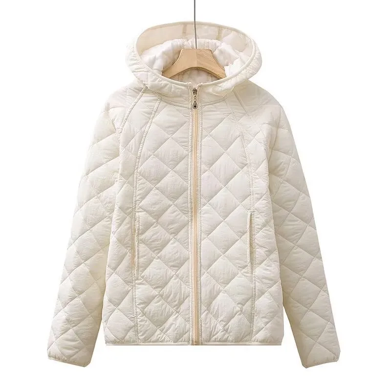 Lightweight Short Down Cotton Jacket Women Autumn Winter New Hooded Parkas Warm Cotton Padded Coat Diamond Pattern Casual Ladies