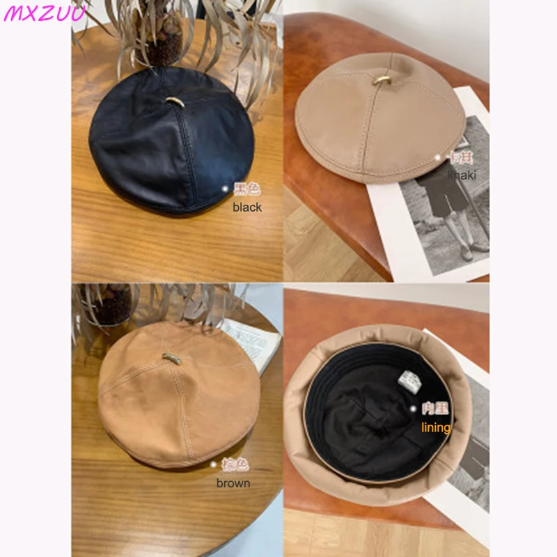 Ladies Genuine Leather Top Hats Exquisite Berets Femme Sheepskin Light Luxury Retro Khaki/Brown Cap Showing Small Face Headdress