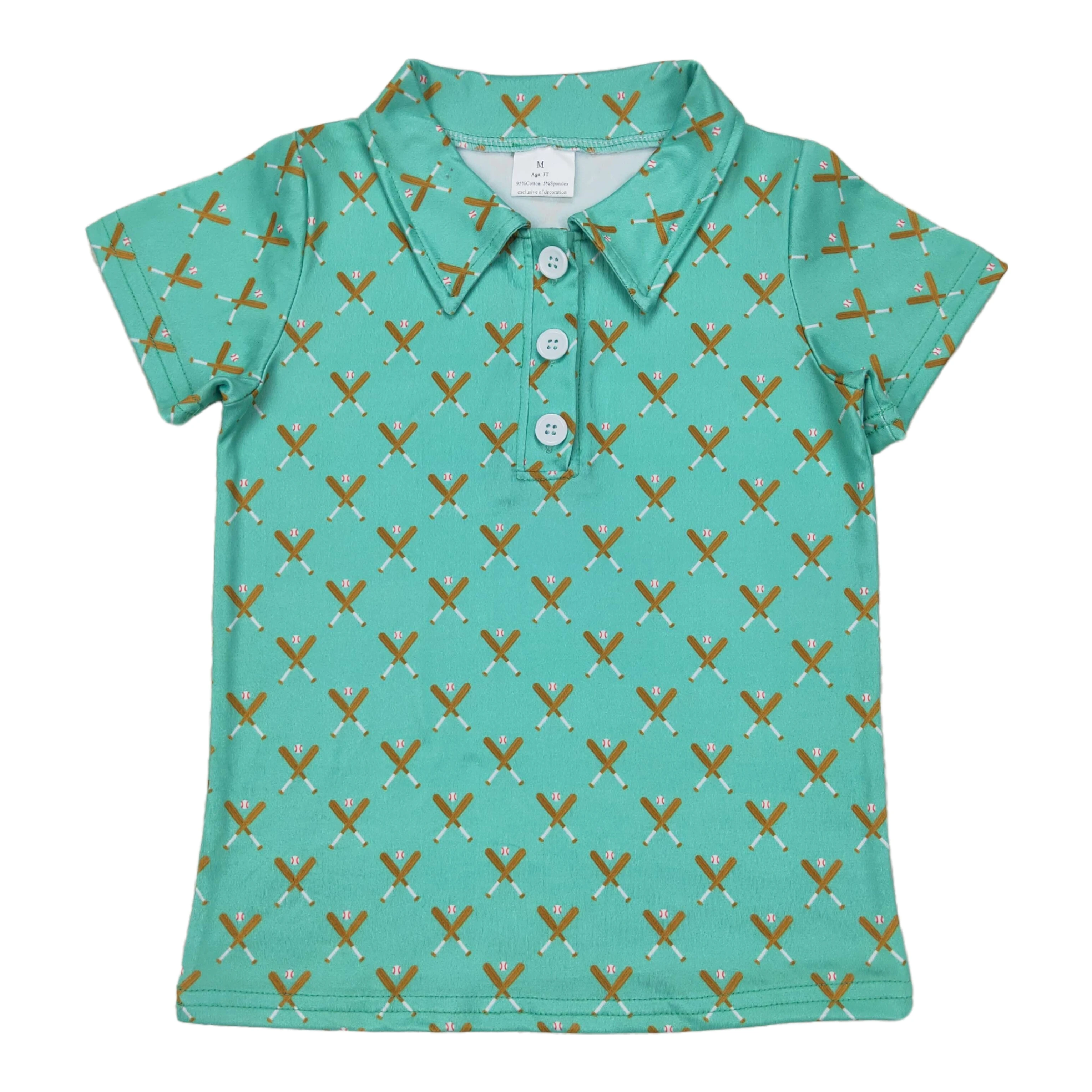 Wholesale Children Green Short Sleeve Tee Shirts Infant Kids Baseball Bats Buttons Tops Baby Boy Toddler Lapel Pullover Clothing
