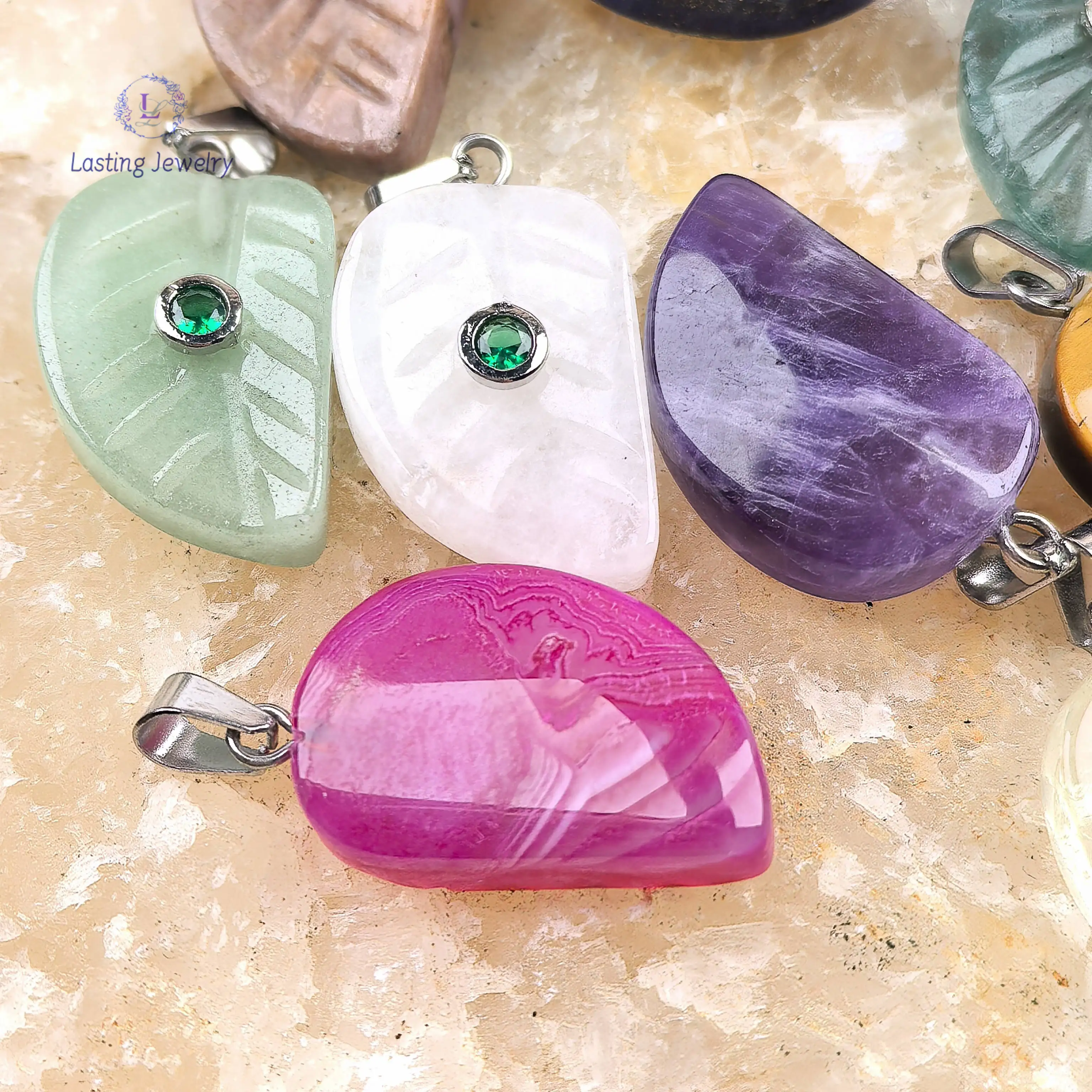 Carved Gemstone Leaf Pendants With Inlaid Zircon Charms Reiki Crystal Quartz Tiger Eye Rhodonite For Necklace Jewelry Making