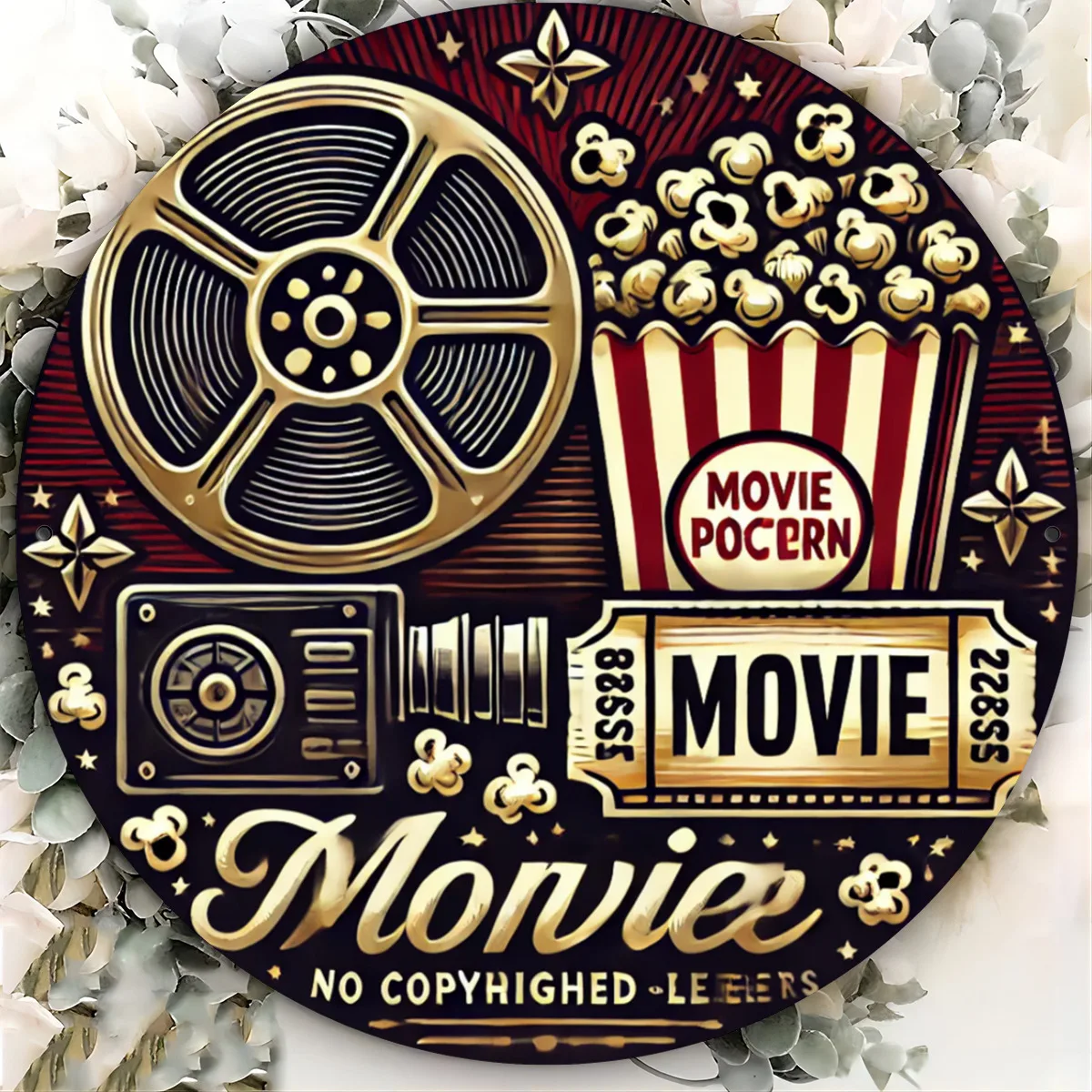 2D Metal Sign, Iron Wall Art, Retro Cinema Decor, Film Reel Popcorn Ticket Design, Single Piece, Indoor Outdoor Theater Movie Ro