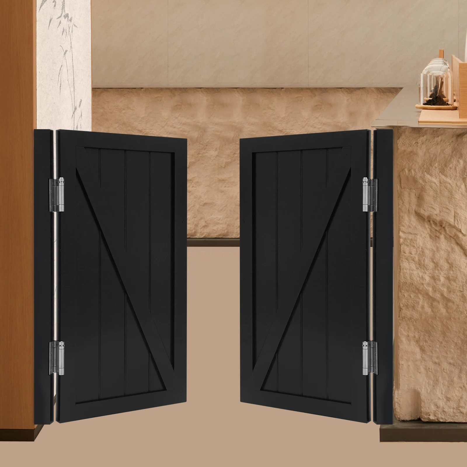 

45*90cm/17.71*35.43in Black Solid Wood Partition Door, Pine Wood, Stainless Steel Partition Door for Shop Entrance Partition