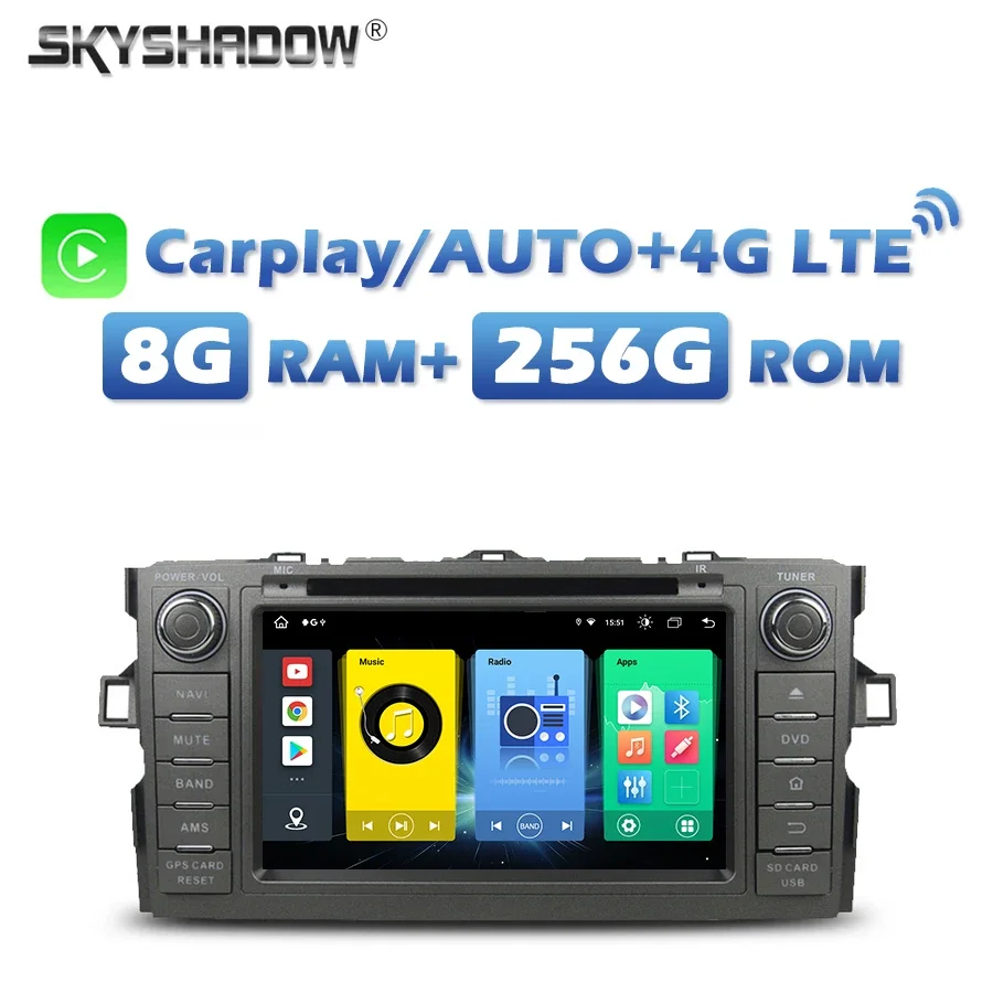 4G SIM Wireless Carplay Auto Android 13.0 8G+256G Car DVD Player Wifi RDS RADIO GPS map Bluetooth 5.0 For Toyota Auris 2007-2012