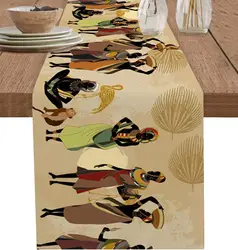 Boho Ethnic African Black Women Linen Table Runners Dresser Scarf Table Decor Farmhouse Dining Table Runners Holiday Party Decor