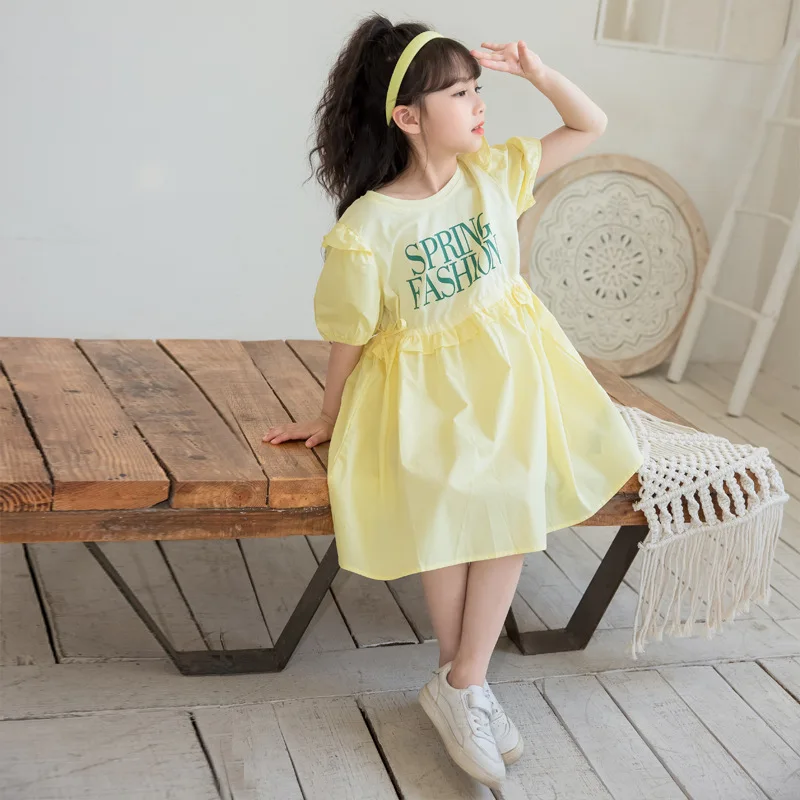 Girls Summer Dress Korean Puffed Sleeve Princess Dress Little Fresh Girls Dress 2024 Summer Big Children Skirt Simple Casual