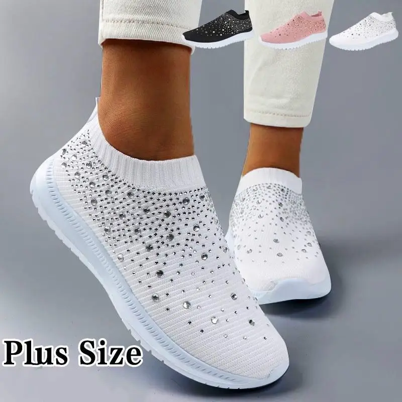 Vulcanized Sock Shoes 2023 Women Trainers Knitted Sneakers Ladies Slip-on Sparkly Crystal Zapatillas Mujer Casual Plus Size 43