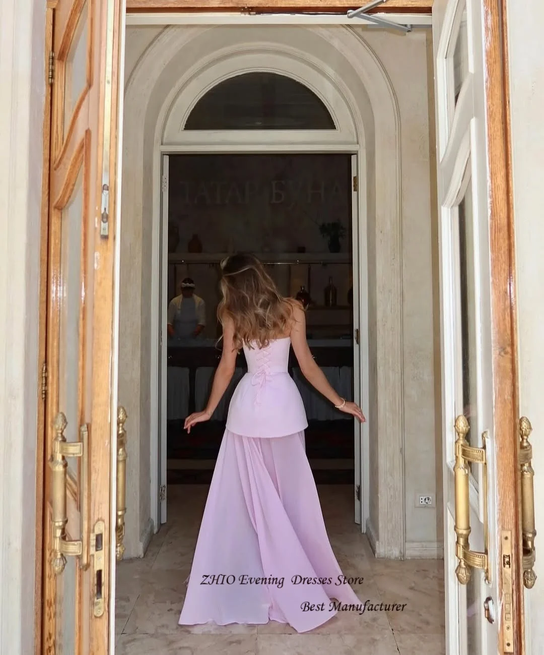 ZHIO فساتين سهرة مثيرة من الساتان على شكل حرف A بدون حمالات بدون أكمام بطول الأرض سويب تراين فساتين حفلات رسمية مع ثنيات