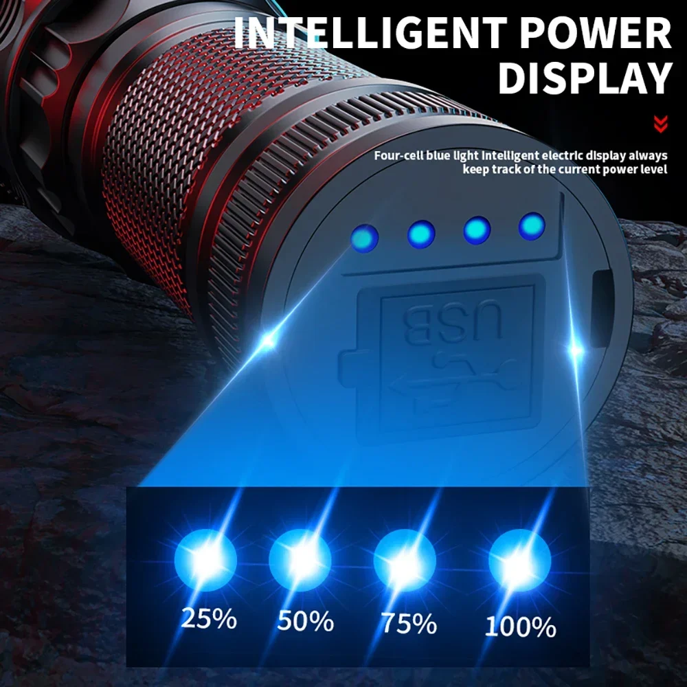 100000 Lumen Super Bright Spotlight Long Range LED Flashlight Built-in Battery USB Charging Waterproof Portable Camping Torch