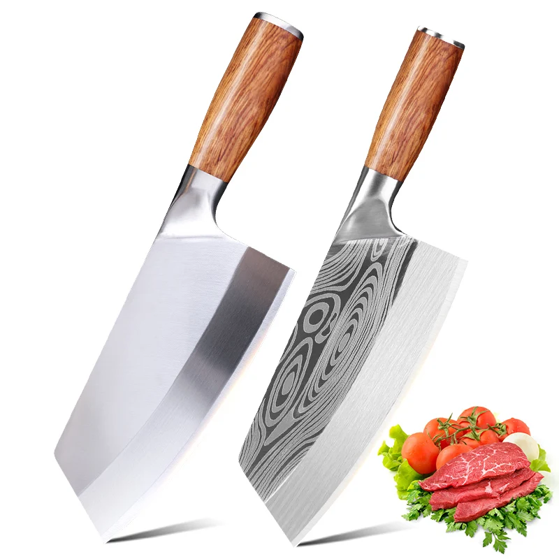 Stainless Steel Cleaver Meat Chopping Knife Laser Damascus Pattern Kitchen Chef Butcher Knife Wood Handle Slicing Knife