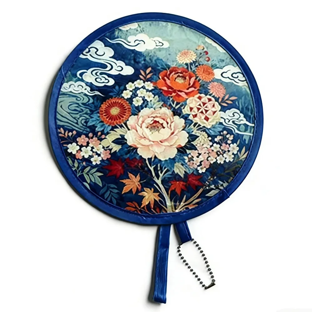 Decorative Japanese Style Folding Fan Flower Pattern With Pocket Collapsible Fan Round Portable Fan Outdoor Activities