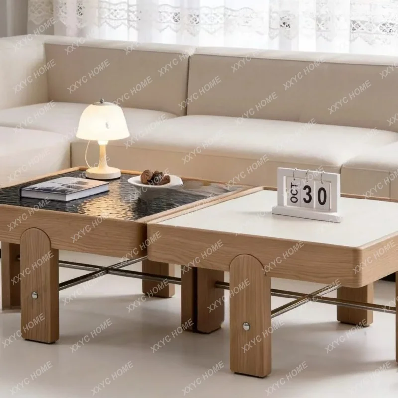 XXsimple wabi-sabi log wind square coffee table water pattern glass microcrystalline stone coffee table combination