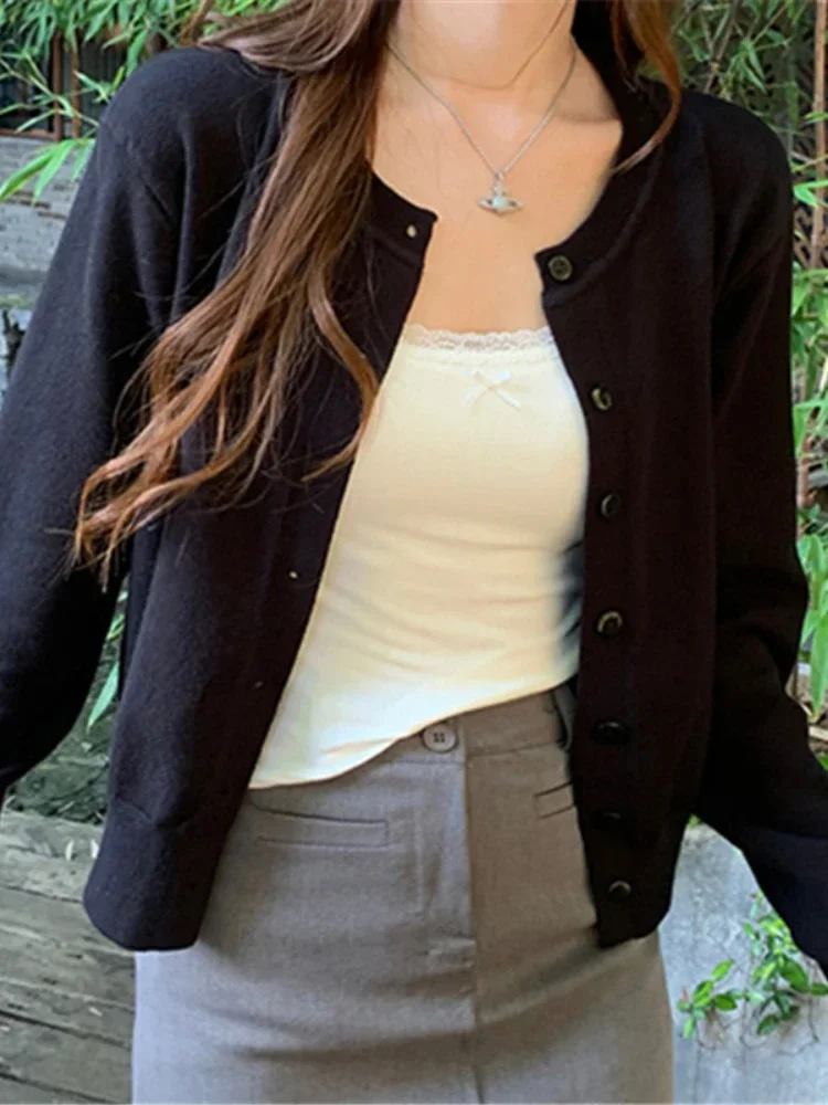 

2025 Women's Long Sleeve Cardigan O Neck Button Down Knit Lady Autumn Spring Knitted Single-breasted Cardigan Sweaters