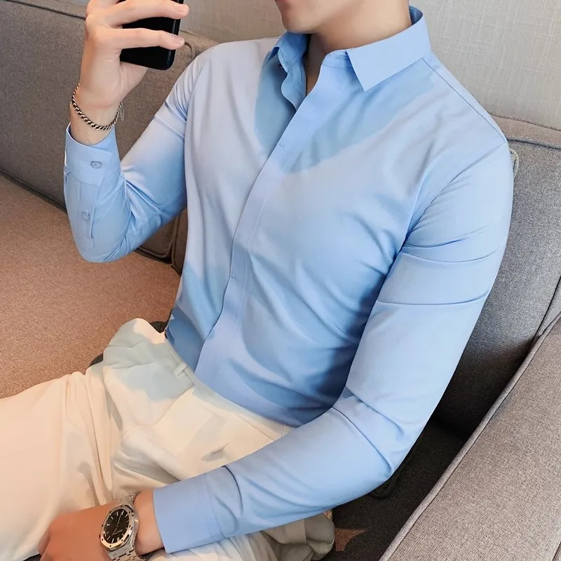 

New Seamless Shirt Men's Long Sleeved Slim Fit Elastic Shirts Top Quality Luxury Business Social Formal Shirts Tuxedo 4XL-M