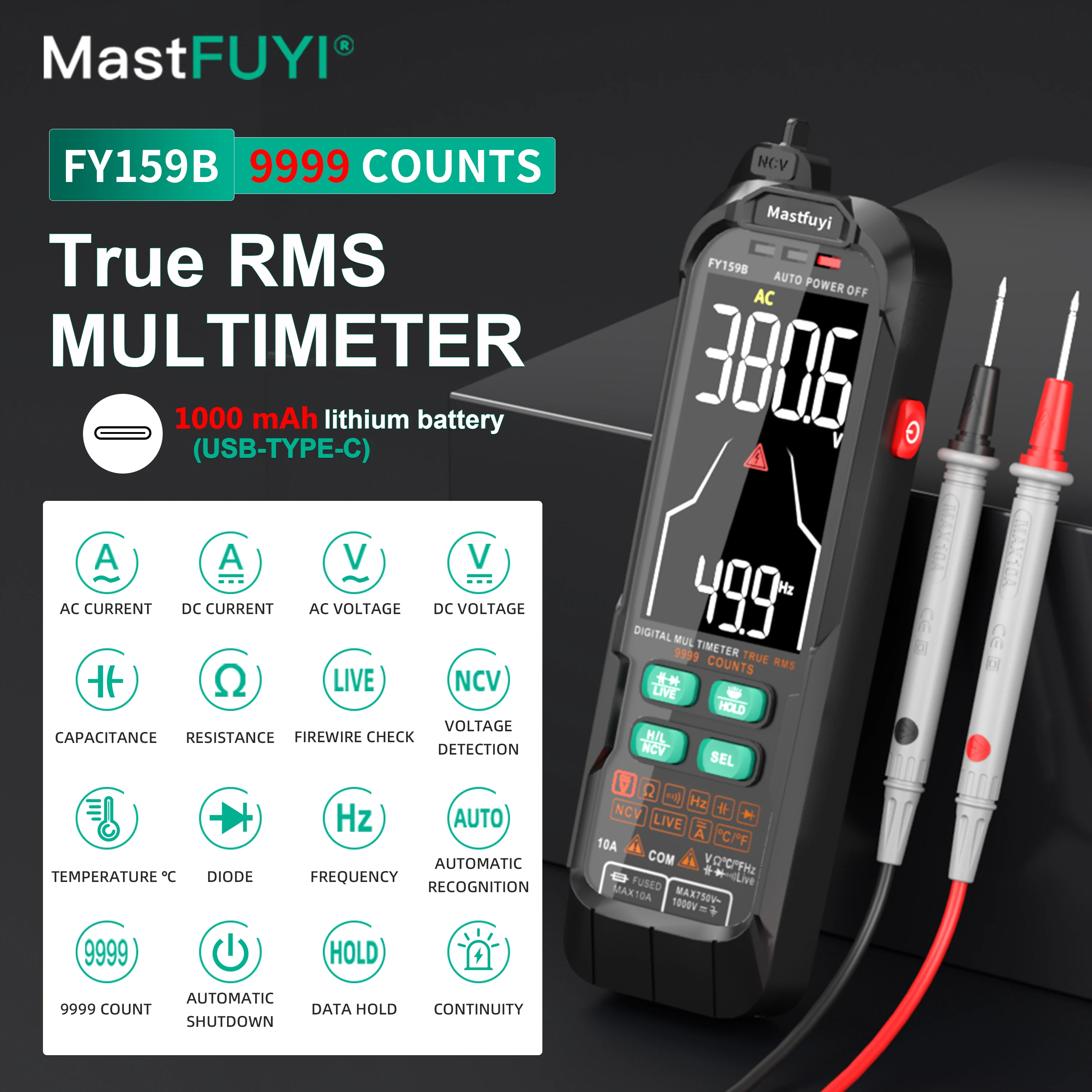 Mastfuyi-usb Carga Multímetro Digital ac dc Tensão Corrente 9999 Contagem True Rms Alcance Automático Voltímetro Capacitância Ohm Tester