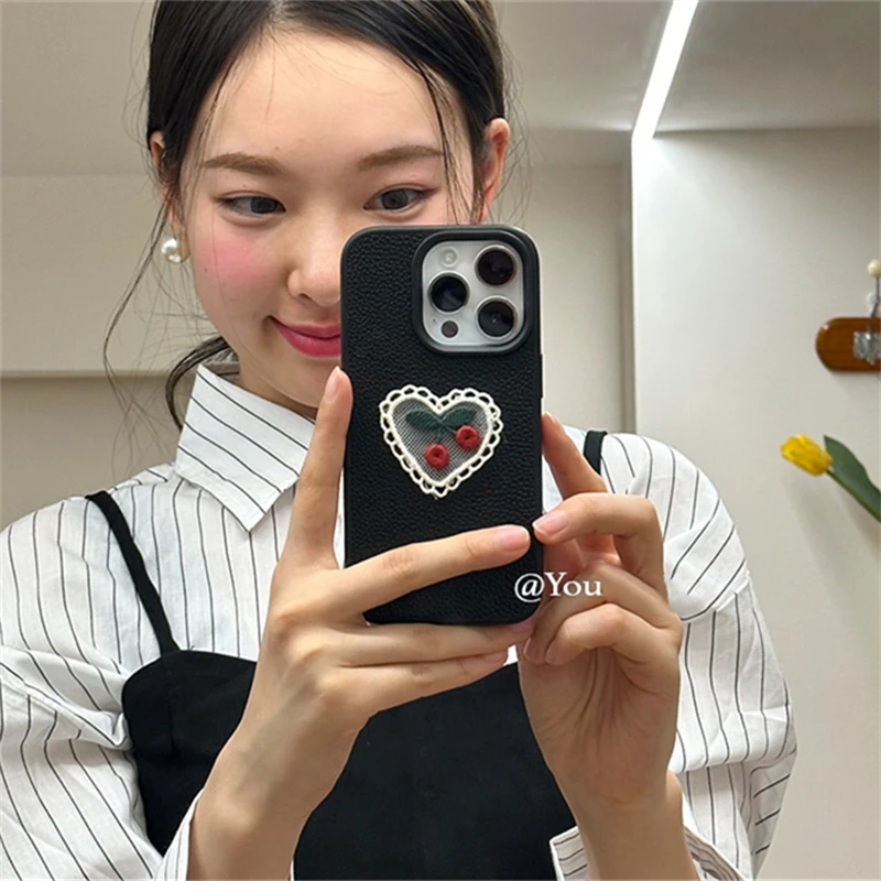 Korean Love Heart Lace Cherry Phone Case For iphone 16 15 14 13 12 Pro Max Plus 11 Litchi Pattern Cover Ins Girl Cute Soft Shell