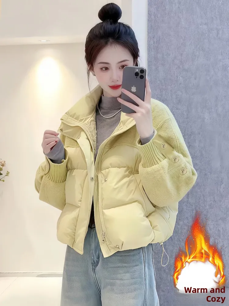 เสื้อโค้ทผู้หญิงคอตั้งแบบเกาหลี แต่งผ้าต่อกัน สไตล์ลำลอง ซิปยาว สำหรับฤดูใบไม้ร่วงและฤดูหนาว  บุซับใน  ทรงปกติ