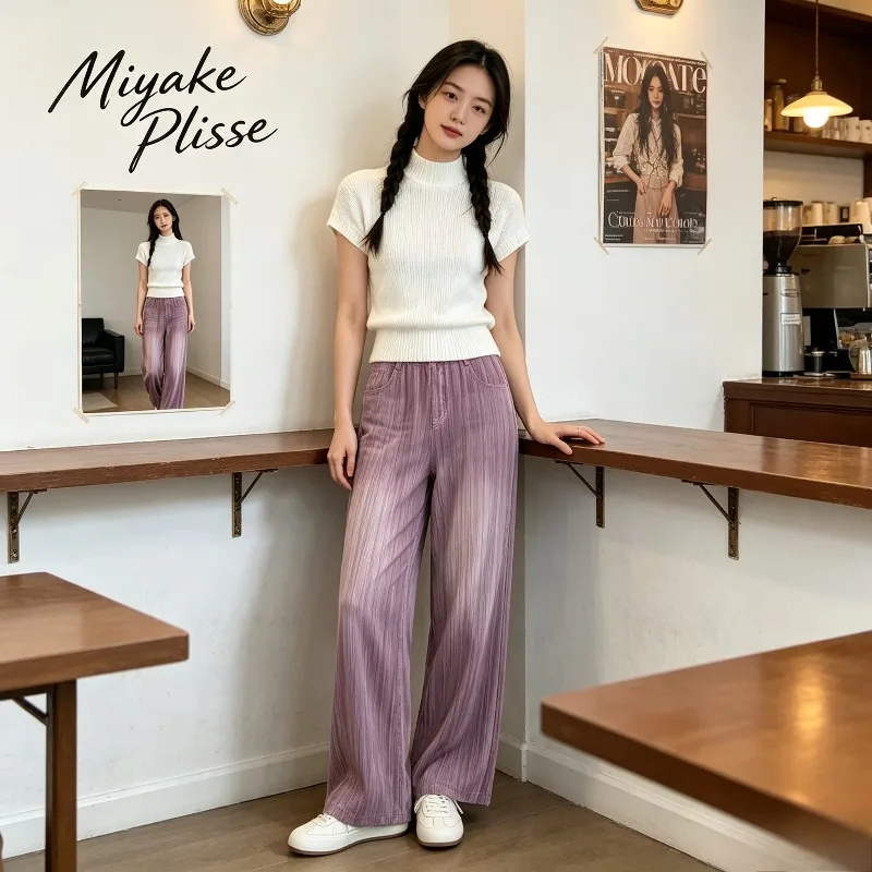 Miyake Pleated 2026 Gradient Pink Faux Denim Wide-Leg Pants for Women Summer Vertical Striped Casual Straight-Leg Trousers Pleat