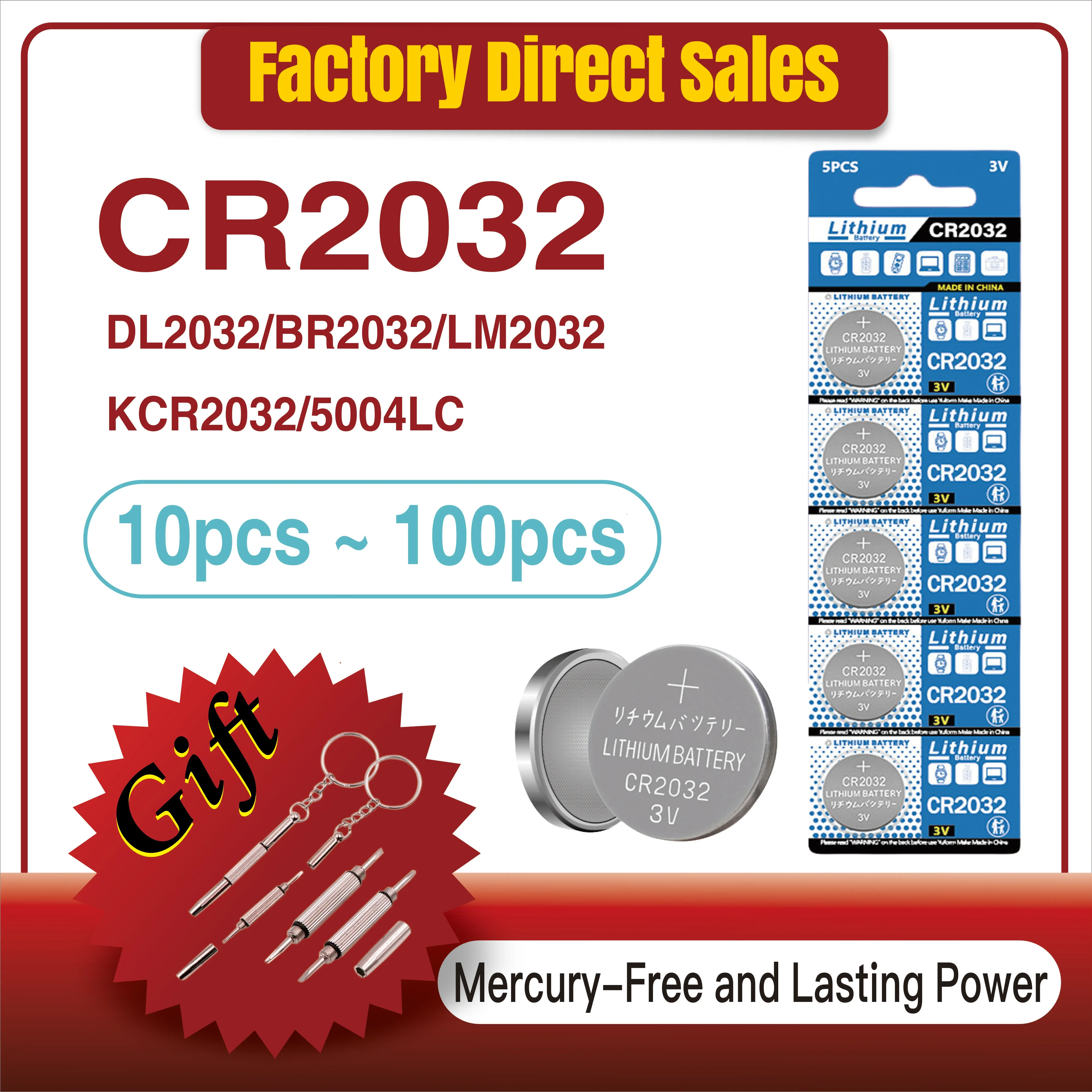 

10-100PCS 200mAh CR2032 DL2032 ECR2032 3V Lithium Battery For Watch Toys Calculator Car Key Remote Control Button Coin Cells