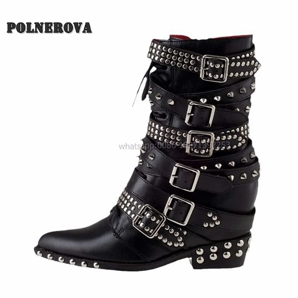 

Rivet Belt Buckle Ankle Boots Large Size Heavy Work Shoes 2024 Autumn Pointed Toe Square Heel Solid Zipper Punk Motorcycle Boots