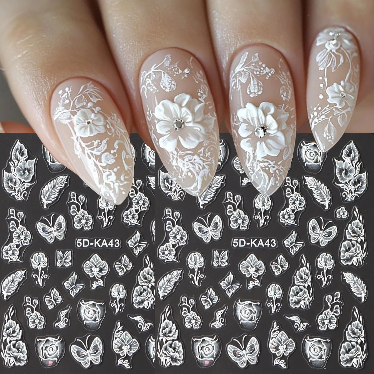 2 قطعة 5D الأبيض تتفتح أزهار زهرة تنقش مسمار الفن ملصقات زهرة الورد فراشة يترك ذاتية اللصق المنزلق الشارات DIY M
