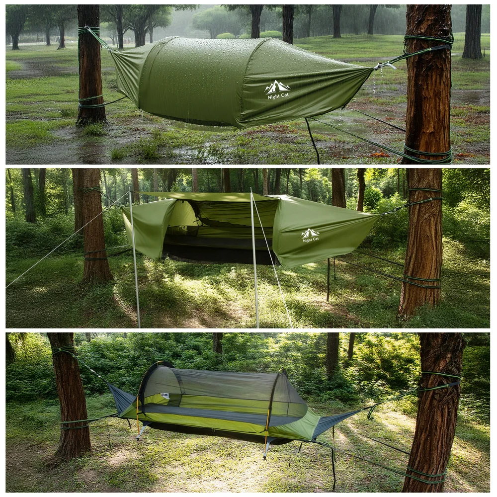 

Night Cat Flat Lay Hammock Tent with Mosquito Net Waterproof Rainfly for 1 Person Backpacking Hiking Camping Lightweight 330LBS