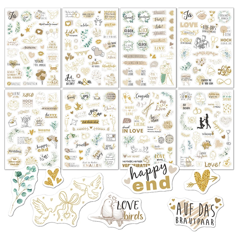 230pcs 8 Sheets Wedding Theme DIY Scrapbooking Stickers Transparent Decorations For Guestbook Handaccount Arts Crafts Stickers