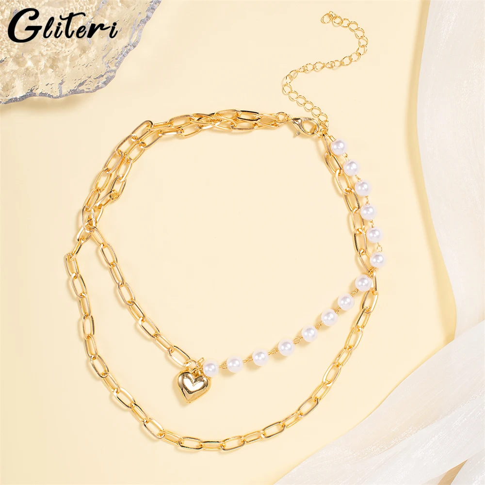 

GEITERI Double Layer Geometric Heart Pearl Pendant Necklaces For Women Girls Gold Color Silver Color Clip Chain Choker Jewelry