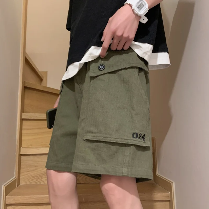 2023 American Vintage High Street Summer Men\'s Clothing Loose Casual Oversized Fashion Trend Straight Solid Color Cargo Shorts