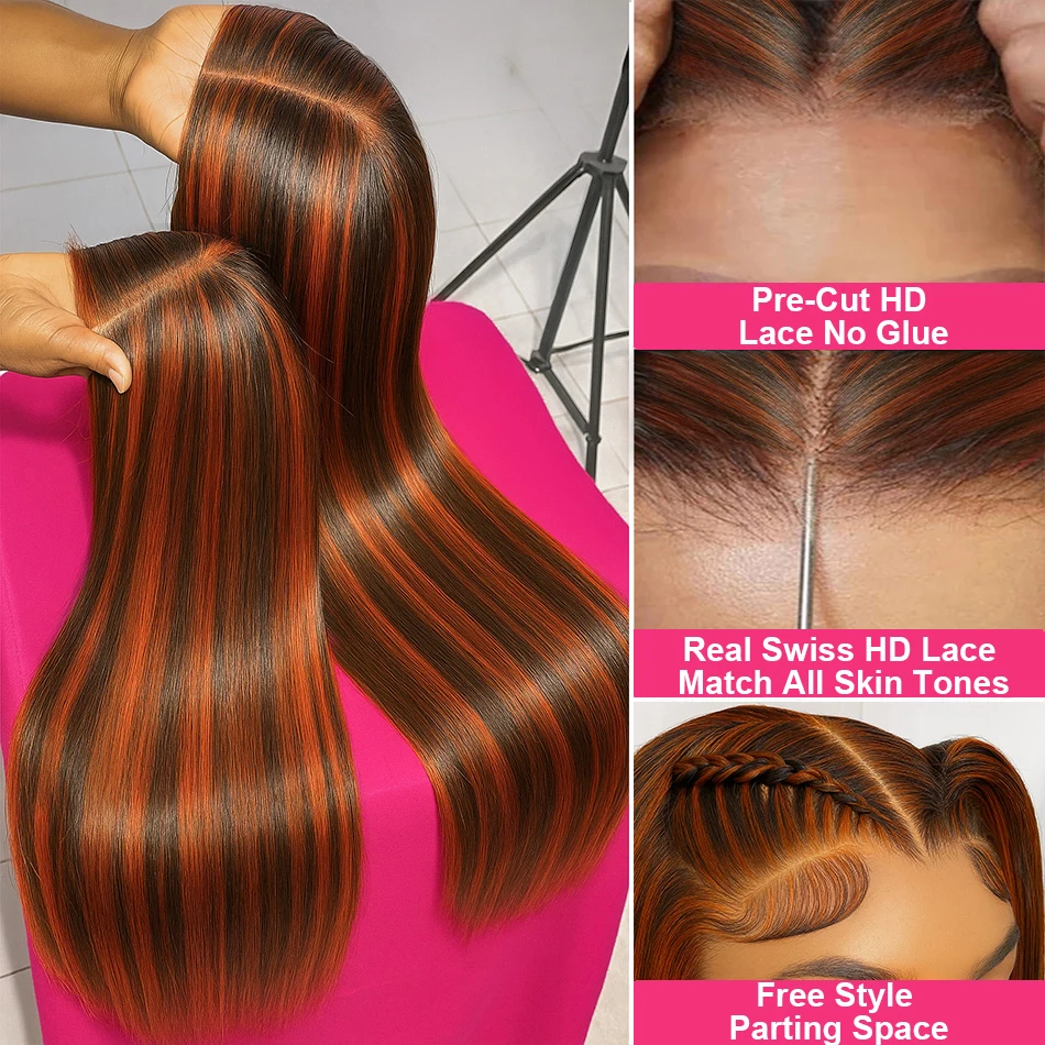 # 4/350 omber gengibre com destaque marrom sem cola osso reto usar e ir peruca 30 Polegada 5x5 brasileiro pré-arrancado peruca de cabelo humano