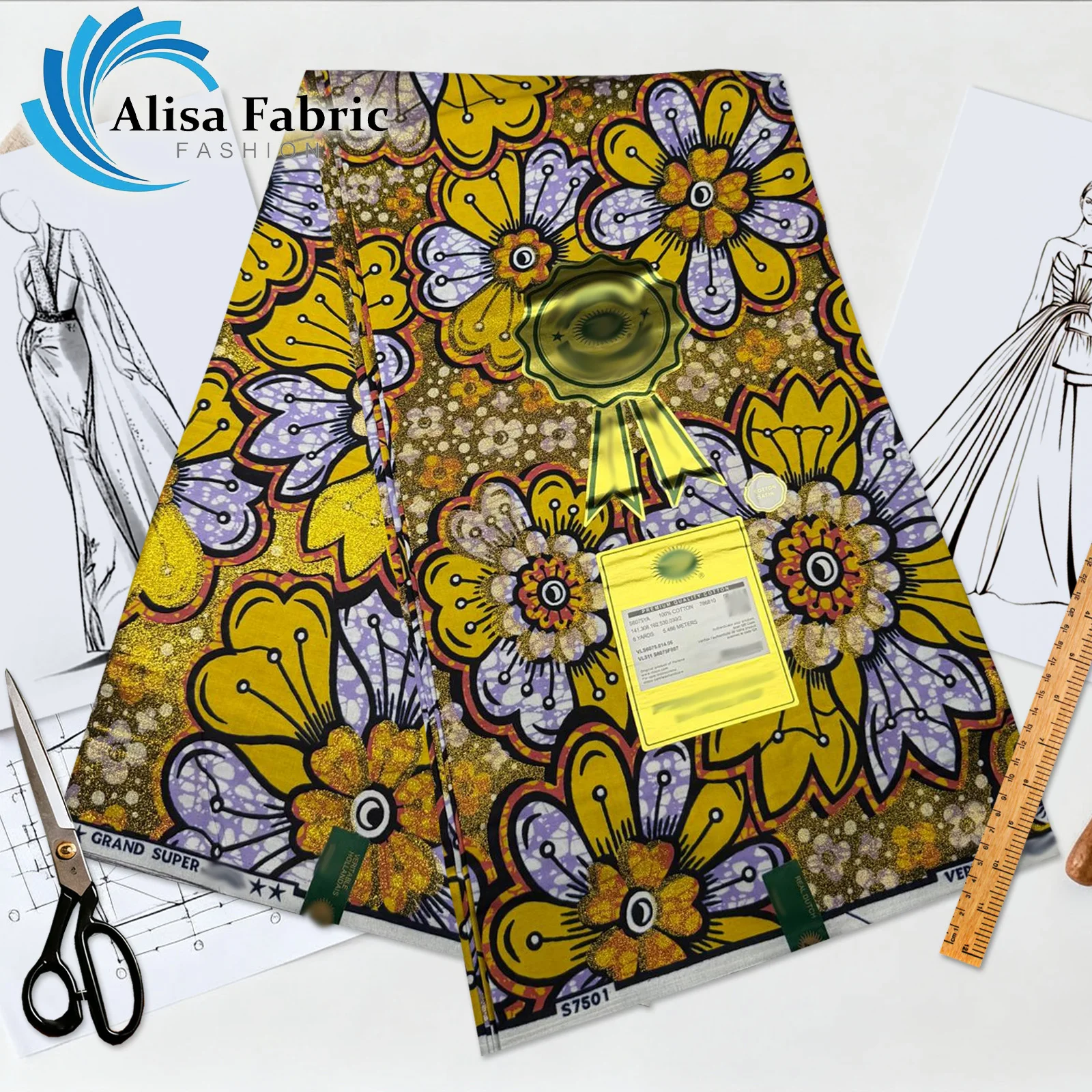 

2025 new design grand super African fabric high quality 6yards ankara fabric real wax print for wedding dresses